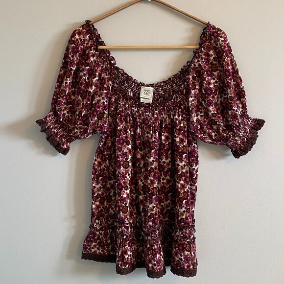 70s Style Floral Peasant Babydoll Puff Sleeve Ruffle Top Boho Cotton - Picture 1 of 9